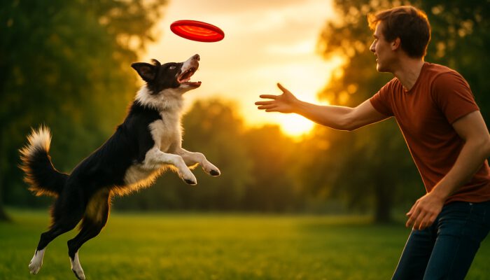 Border collie mid-air leaping to catch a red frisbee during sunset park training.