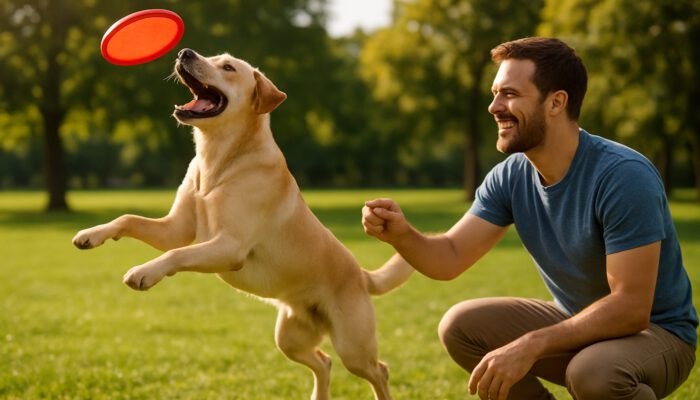 Excited Labrador jumps for a red frisbee in a sunny park as the owner offers a treat during training.