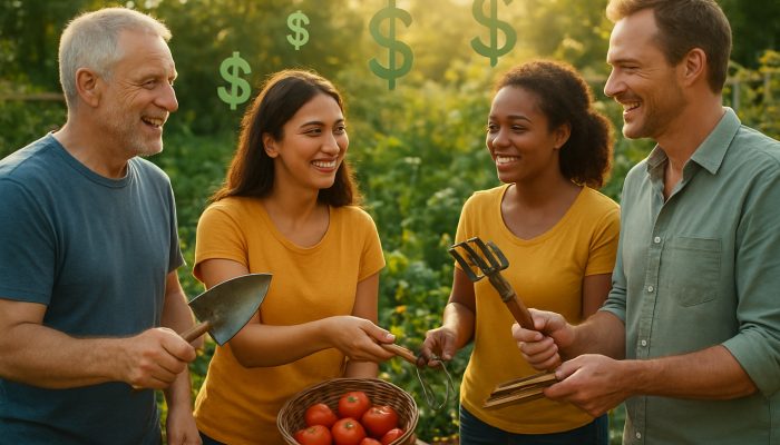 Community Help That Can Free Budget Space: Smart Strategies | DCL Neighbours sharing tools and harvests in a sunny community garden to save money with smart strategies.