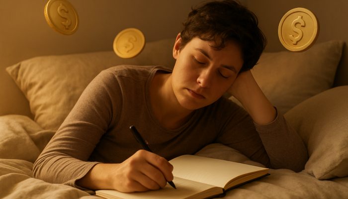 Creating Gentle Repayment Plans While Unwell: Guidance | DCL Exhausted individual resting in bed writing gentle debt repayment plan in journal with warm golden light