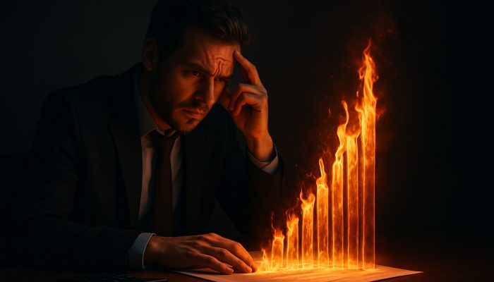discussing health issues with lenders: Essential Guidance | DCL UK borrower at desk as glowing health papers make insurance premiums soar like flames.