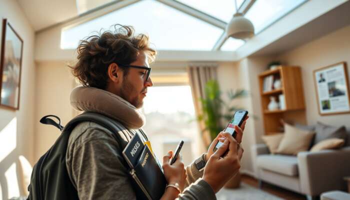 A traveller in a sunlit room meticulously packs a backpack with essentials, including passports, snacks, a neck pillow, and tech gadgets, while reviewing a bus schedule on a smartphone.