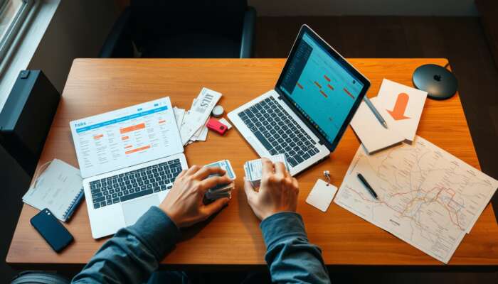 A traveller at a desk, meticulously planning a bus journey with a laptop, calendar, tickets, and a route map.