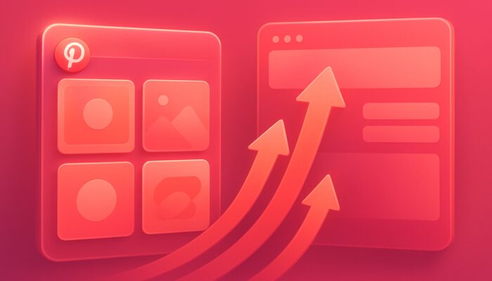 Illustration of Pinterest promoted pins driving traffic arrows to website dashboard in pink tones