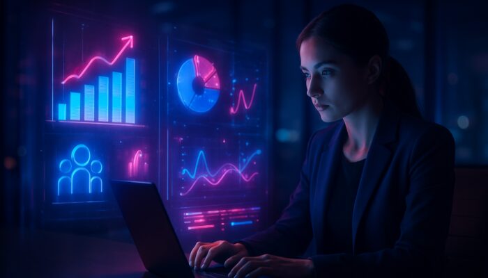 Digital marketer analysing holographic promoted pins and audience engagement metrics in cyberpunk office