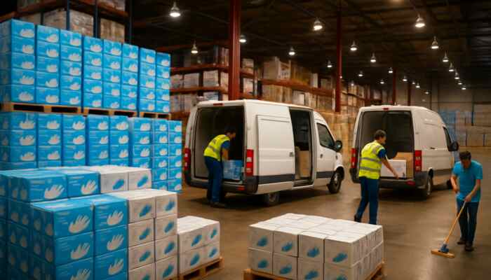 Warehouse in Hucknall filled with boxes of bulk vinyl gloves while delivery vans load supplies under bright lights.