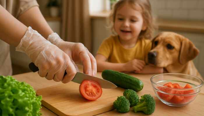 Hands in clear vinyl gloves preparing fresh food in a warm family kitchen with a child and pet nearby.