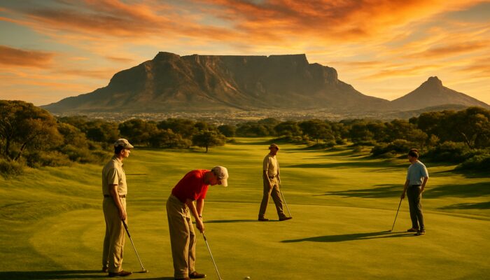 Golfers on lush Cape Town fairways with majestic Table Mountain backdrop