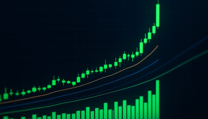 Trading screen with candlestick charts, green volume bars, and moving averages during price breakout.