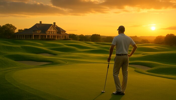Luxurious golf resort showcasing emerald fairways, elegant clubhouse, and golfer at sunset