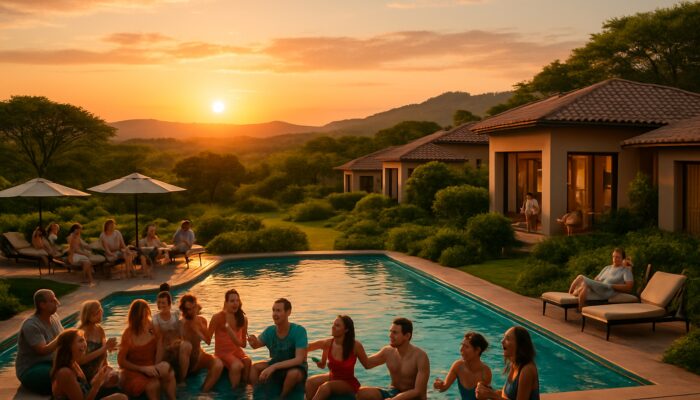 Vibrant Gauteng resort at sunset with groups enjoying laughter by the pool and exclusive villa parties.