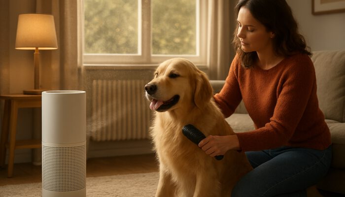 Owner grooming a golden retriever next to an air purifier in a cozy living room while spring pollen is visible outside.