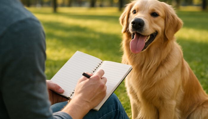 Owner records golden retriever's exercise in a notebook in a sunny park while the dog pants happily.