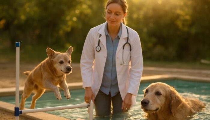 Veterinarian supervises a senior small dog on low agility hurdles while a large dog swims in a therapy pool