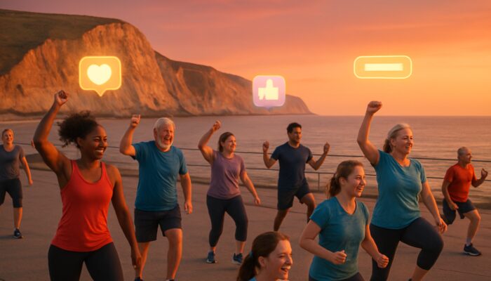 Diverse locals exercising in a Dorset coastal gym class at dusk with Jurassic cliffs and marketing icons.