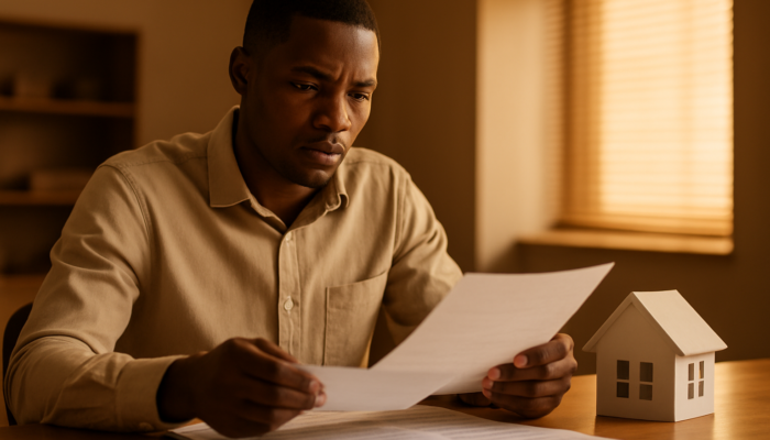 Focused South African applicant reviewing payslips and contracts for a home loan at a bank.