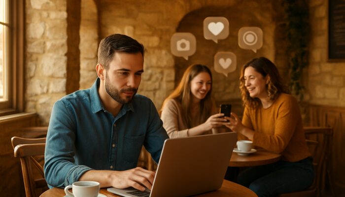 Café owner in Cirencester analysing Instagram posts on a laptop with happy customers around in warm light