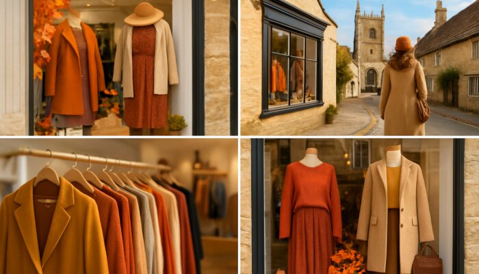 Cirencester boutique displaying seasonal fashion with Cotswold landmarks and Instagram overlays