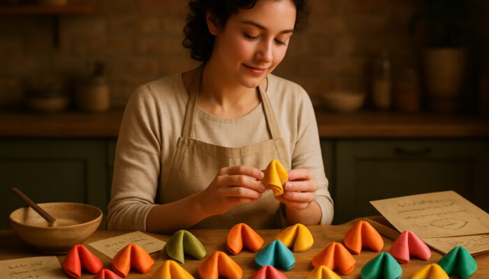 Baker crafting vibrant fortune cookies with inspirational notes on friendship and adventure in cozy kitchen