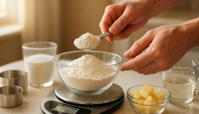 Hands precisely measuring flour on digital scale with sugar, butter on sunlit kitchen counter for fortune cookie batter