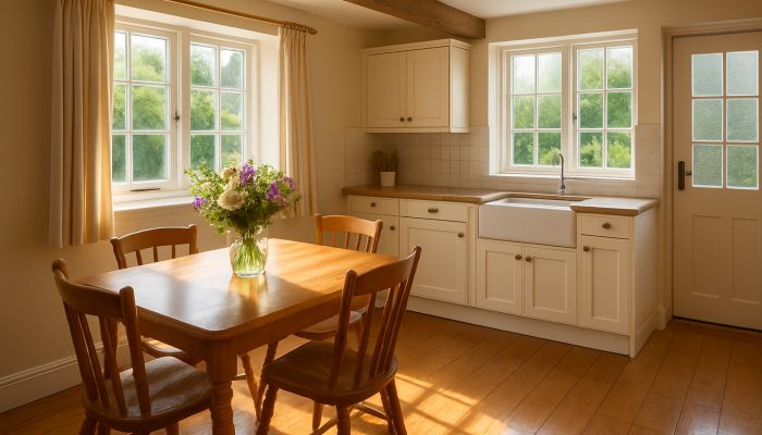 A sparkling Yeovil cottage kitchen after professional cleaning, adorned with fresh flowers on the table