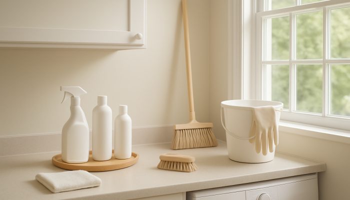 A spotless Yeovil home interior featuring decluttered surfaces and neatly arranged cleaning tools in natural light.