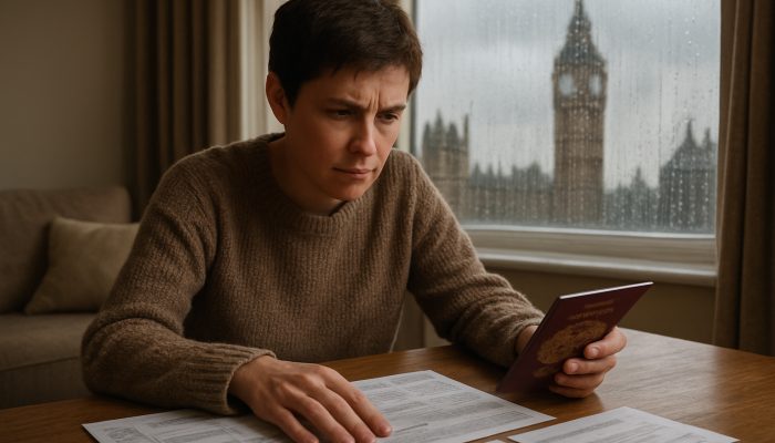 Person spreading UK passport, visa and utility bills on table overlooking Big Ben in rainy London flat