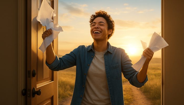 Planning Life After Monthly Debt Bills End: New Beginnings | DCL Relieved individual ripping debt bills steps through an open door into a sunlit horizon symbolising new beginnings.