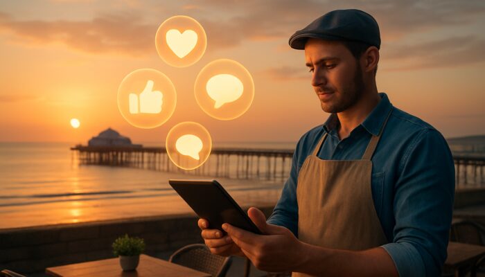 Café owner examines impressive social media metrics on tablet above Weston-super-Mare pier at sunset