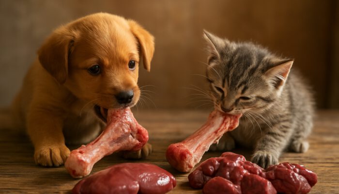 Playful puppy and kitten gnawing on raw bones alongside organ meats on a wooden table.