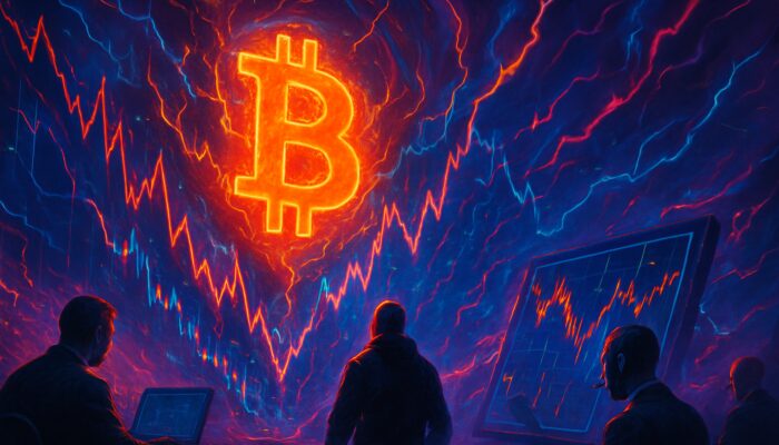 Cyberpunk scene of glowing Bitcoin inverting on exploding charts in neon financial vortex
