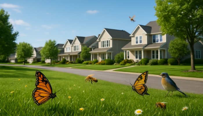 A scenic Ilchester neighbourhood showcasing vibrant lawns, butterflies, bees, and songbirds under clear skies.