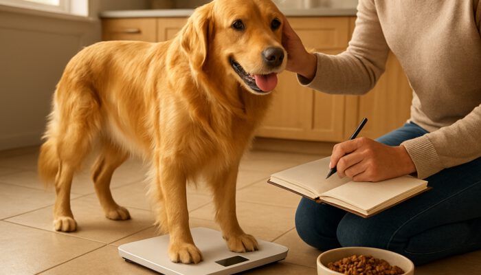 Owner weighs an active golden retriever on a scale while checking its coat in a sunlit kitchen
