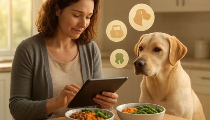 Owner examines Labrador health data on a tablet beside personalised nutrition bowls in a kitchen