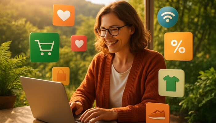 Ferndown shop owner at a laptop with e-commerce icons and floating products amid Dorset greenery.