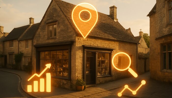 Charming Corsham stone shop with glowing local SEO map pins and rankings