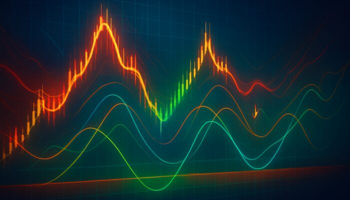 Abstract illustration of surging momentum oscillator lines on global stock charts highlighting overbought and oversold zones.