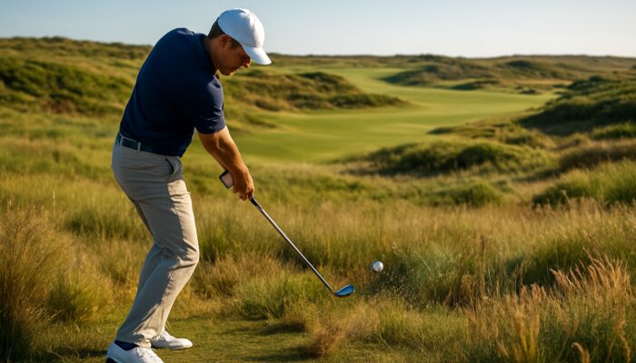 Golfer executes precise wedge shot on firm South African turf with rolling fairways in bright sunlight.