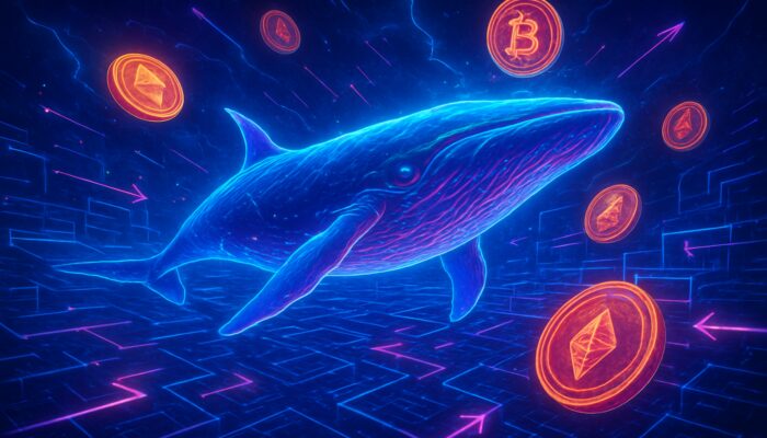 Glowing cyberpunk whale swimming through stormy blockchain ocean with crypto coins and transaction arrows