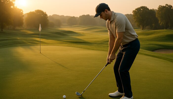 Focused golfer chipping on lush Alexander Golf Club practice green at dawn