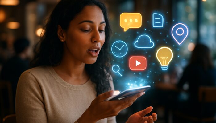 Woman speaking into glowing smartphone in cafe as words become floating digital search icons.