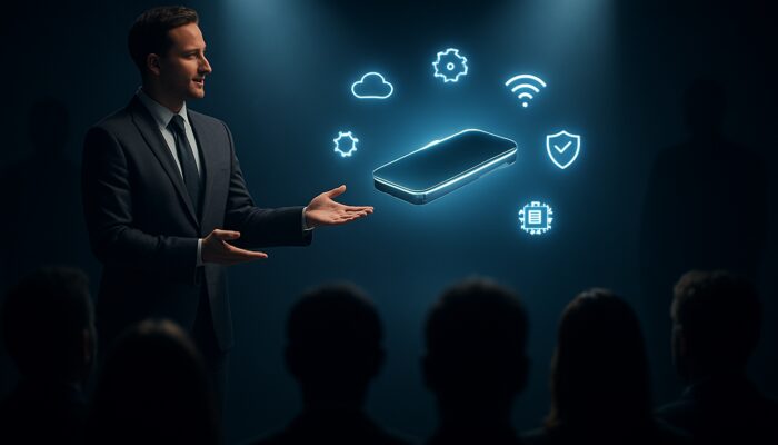 Stage product demo of glowing gadget with tech icons vs shadowy competitors before audience.