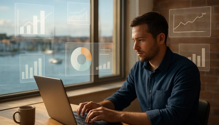 Small business owner reviewing click-through and conversion analytics on laptop in sunlit Wareham office with harbor view