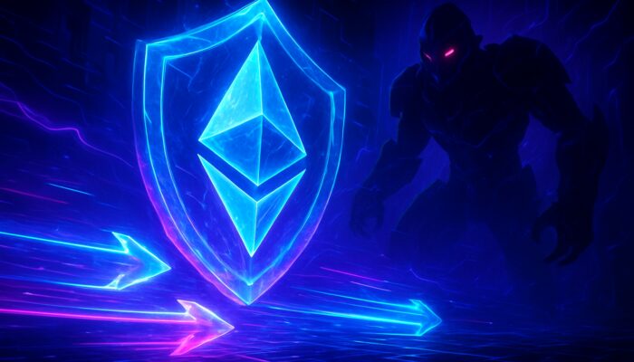 Futuristic arena featuring illuminated Ethereum transactions shielded by crystalline defences against elusive MEV bots in vivid neon shades.