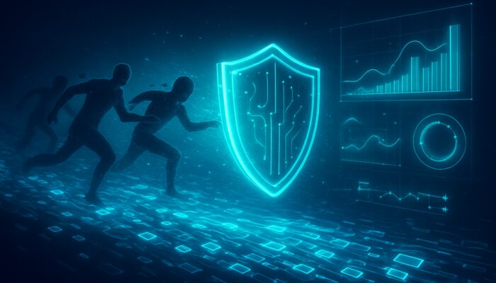 Digital barrier preventing MEV front-runners from blockchain transactions with holographic resilience metrics in glowing neon void