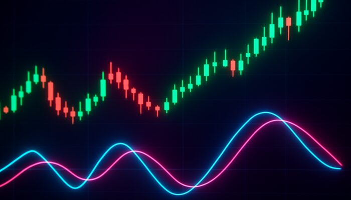 Vibrant trading screen displaying Trix indicator crossovers, divergences, and ascending price candles in a neon interface.
