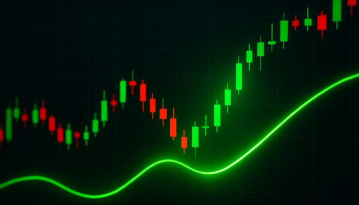 Trading chart featuring the green Trix line crossing above zero amid candlesticks indicating a bullish buy signal