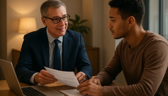Combining Debts When You Work Gig Jobs: Practical Advice | DCL UK financial advisor assisting gig worker with debt consolidation documents in a modern office