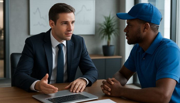 Combining Debts When You Work Gig Jobs: Practical Advice | DCL British financial advisor reviewing gig earnings data with a delivery driver in a modern office for debt consolidation advice