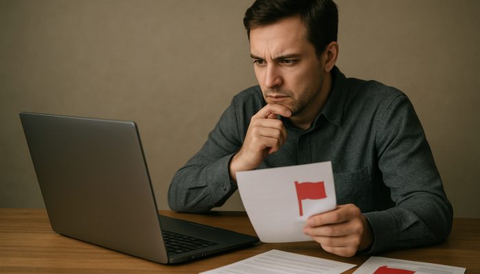 Protecting Yourself from Clone Lender Websites: Stay Safe Online | DCL Cautious borrower verifying lender contact details on the FCA register laptop amid red warning flags for mismatches